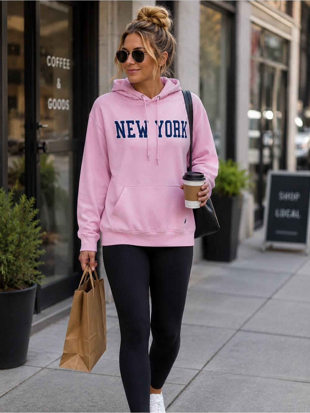 Pink “New York” Hooded Fleece Lined Cotton Blend Sweatshirt Size Large